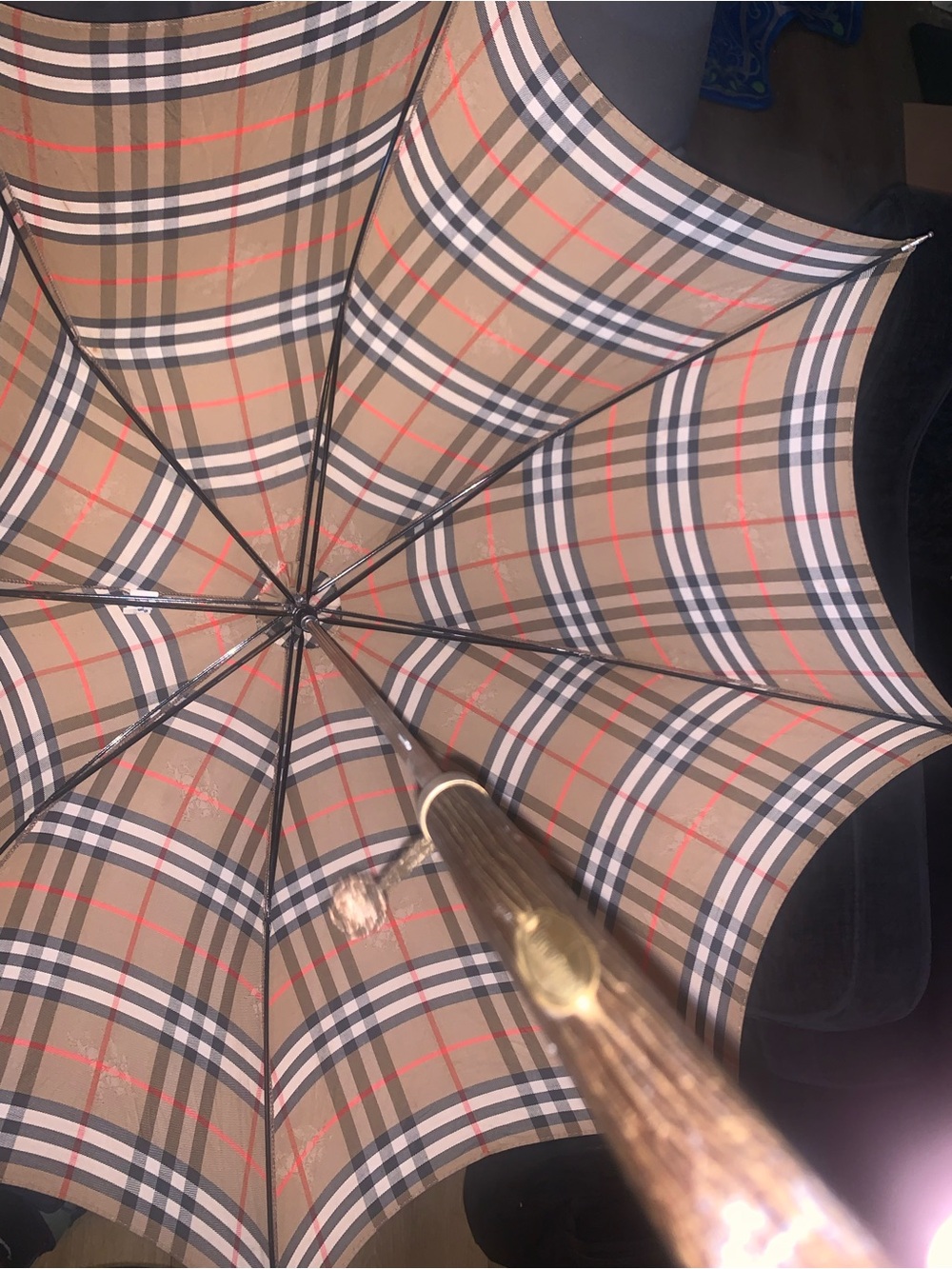 *VINTAGE* Burberrys Tan Plaid Umbrella with Black, White and Red Stripes